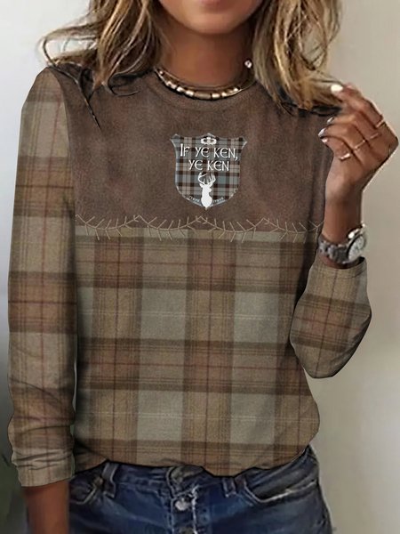 

Vintage Plaid Crew Neck Long Sleeve T-shirt, Brown, T-shirts