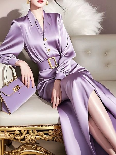Elegant Plain Buttoned Shirt Collar Dress With Belt, Purple, Maxi Dresses