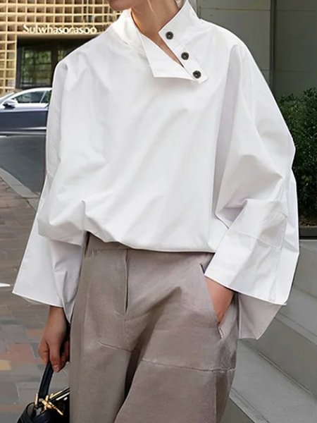 

Casual Plain Buttoned Stand Collar Blouse, White, Blouses and Shirts