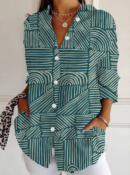 

Shirt Collar Long Sleeve Abstract Regular Loose Shirt For Women, Green, Shirts