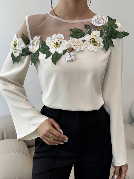 Elegant Floral Lace Crew Neck Blouse, As picture, Blouses and Shirts