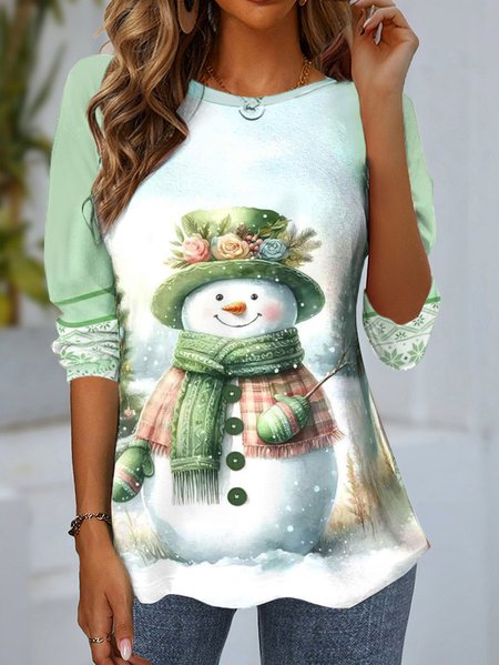 

Casual Christmas Snowman Crew Neck Long Sleeve T-shirt, Green, Blouses