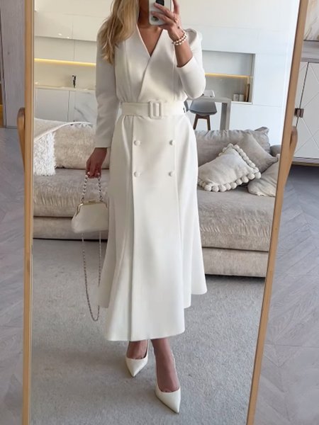 

Urban Plain V Neck Maxi Dress With Belt, White, Maxi Dresses