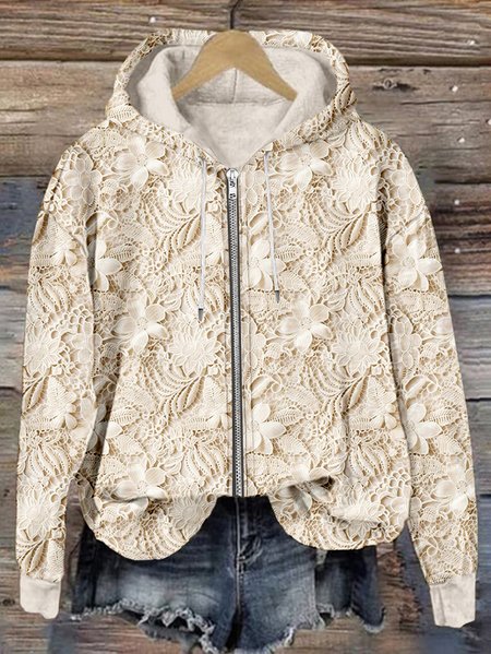 

Retro Plant Flower Zipper Comfortable Hoodie, Apricot, Hoodies&Sweatshirts