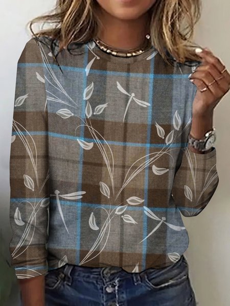 

Women's Long Sleeve Tee T-shirt Spring/Fall Plaid Cotton Crew Neck Daily Going Out Vintage Top, Brown, T-Shirts