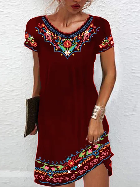 

Vacation Regular Fit Floral Short Sleeve Knit Dress, Red, Dresses