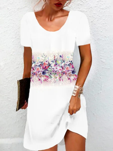 

Women's Short Sleeve Summer Floral Jersey Dress Crew Neck Daily Going Out Casual Mini H-Line TUNIC, White, Dresses