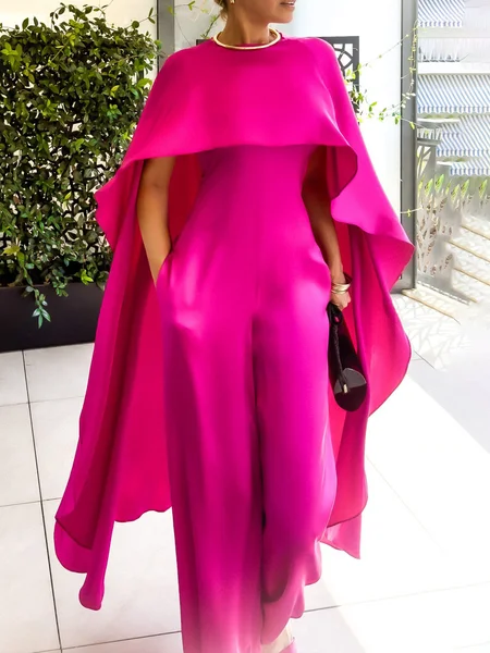 Elegant Plain Crew Neck Jumpsuit, Deep pink, Jumpsuits