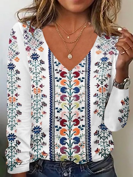 

Casual Floral V Neck Long Sleeve T-shirt, White, T-shirts