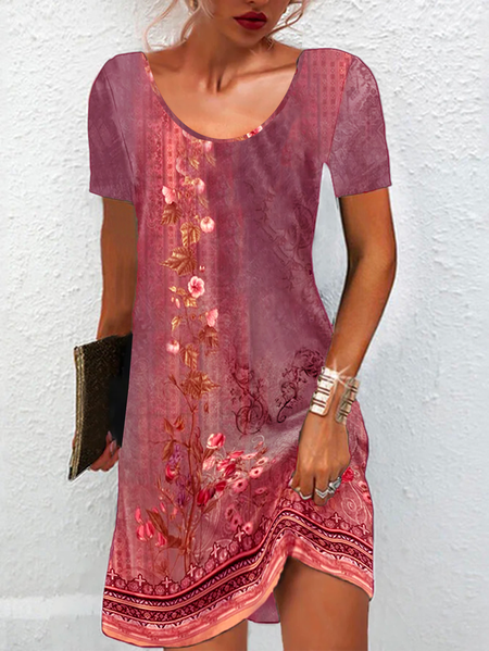 Ethnic Print Short Sleeve Dress, Red, Dresses