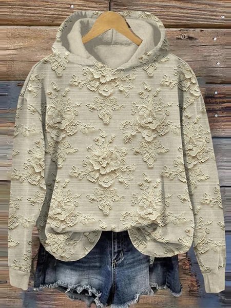 

Vintage Floral Embroidery Art Cozy Women's Hoodie, Apricot, Hoodies&Sweatshirts
