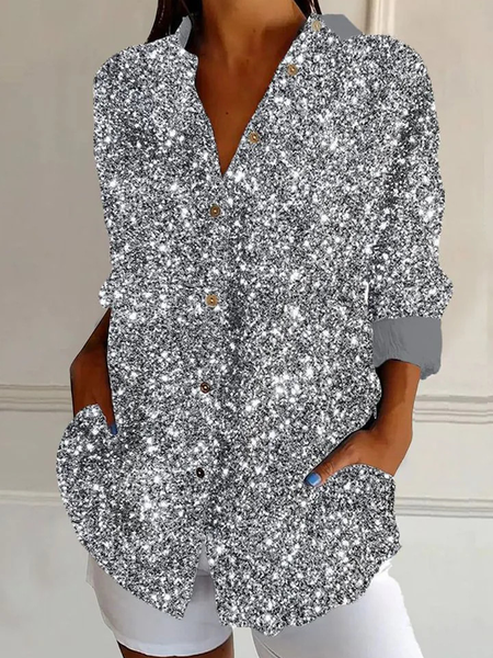 Holiday Sequins Pattern Shirt Collar Long Sleeve Abstract Regular Loose Shirt For Women, Silver, Shirts