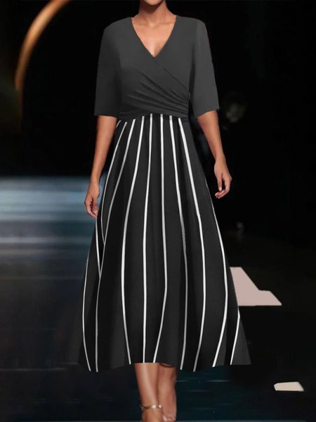 

Women's Short Sleeve Summer Striped Dress V Neck Daily Going Out Casual Maxi A-Line, Black, Dresses