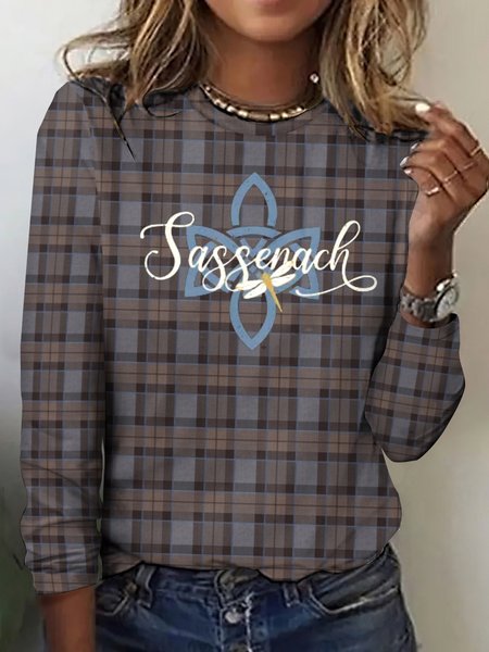 

Sassenach retro checkered casual long sleeved T-shirt, Brown, Long sleeves