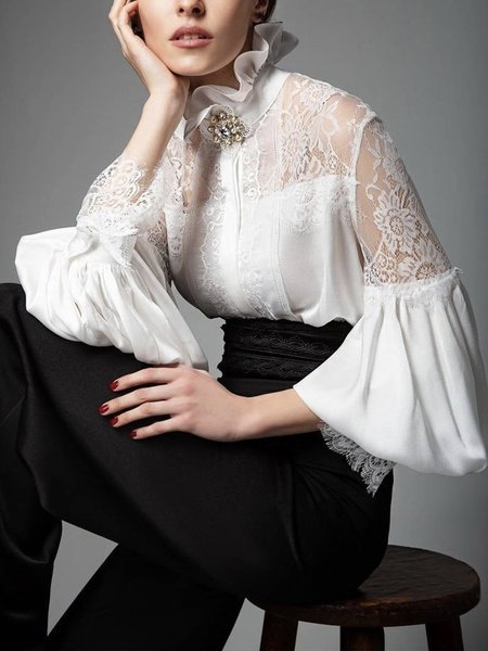 

Urban Plain Lace Shirt With Brooch, White, Blouses and Shirts