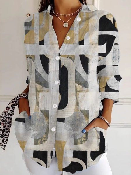 

Shirt Collar Loose Abstract Casual Shirt, Multicolor, Blouses