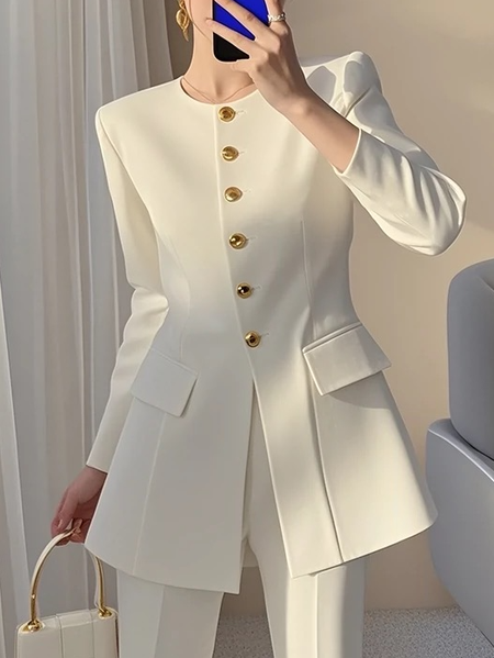 

Elegant Buttoned Plain Crew Neck Jacket, White, Jackets