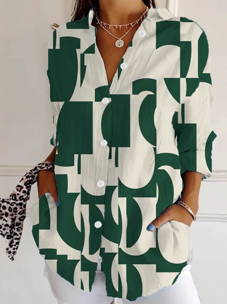 Shirt Collar Long Sleeve Abstract Regular Loose Shirt For Women, Green, Shirts