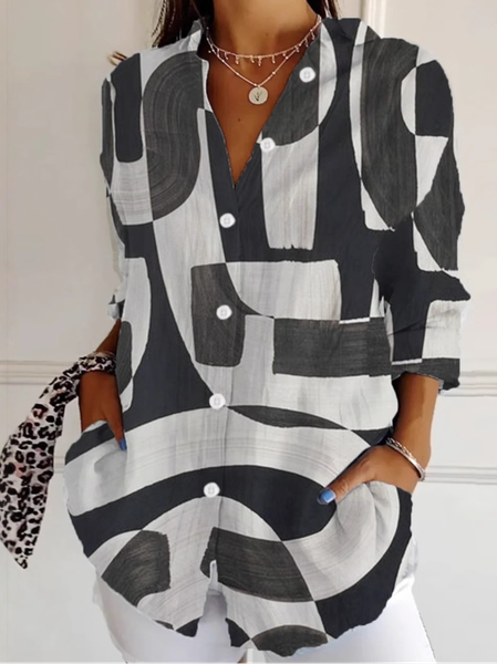 Shirt Collar Long Sleeve Abstract Regular Loose Shirt For Women, Black, Shirts