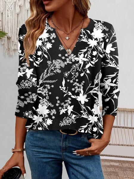 

V Neck Long Sleeve Botanical Pattern Regular Medium Elasticity Loose Blouse For Women, Black, T-shirts