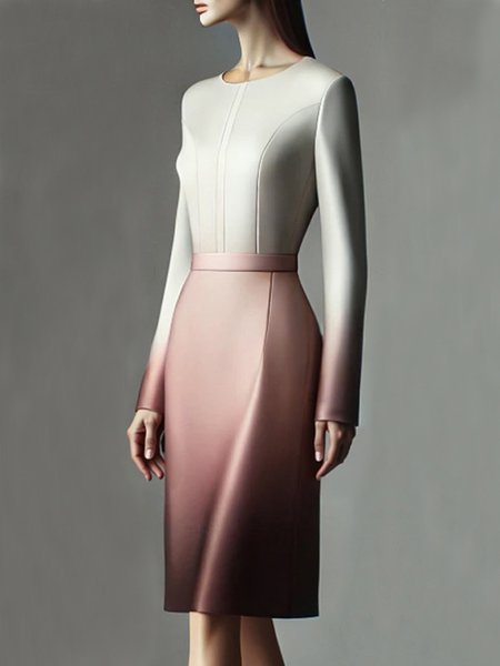 Elegant Ombre Crew Neck Knee Length Dress, As picture, Midi Dresses