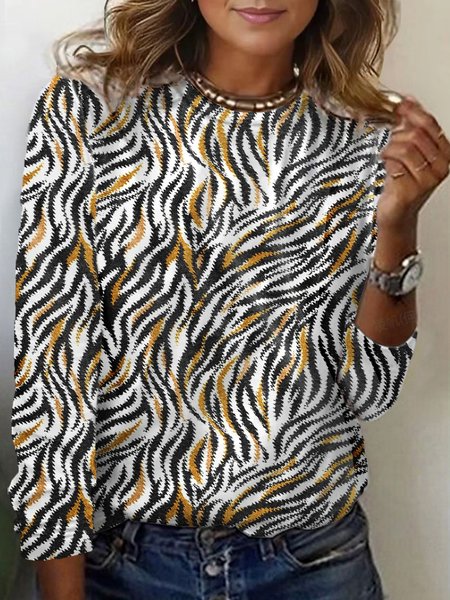 

Zebra Print Long Sleeve Crew Neck T-shirt, White, Long sleeves