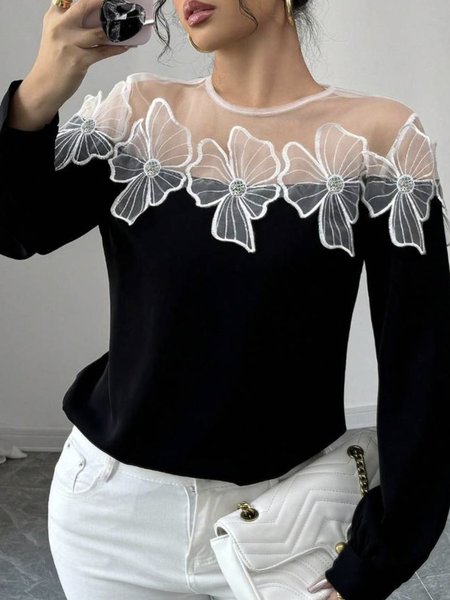 

Urban Color Block Lace Crew Neck Blouse, Black, Blouses and Shirts