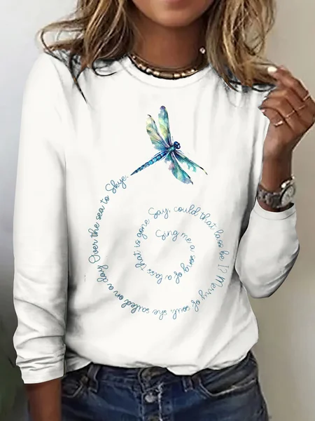 

Vintage Dragonfly Pattern Crew Neck Long Sleeve T-shirt, White, T-shirts