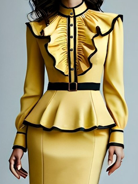 

Elegant Color Block Peplum Blouse With Belt, Yellow, Blouses and Shirts