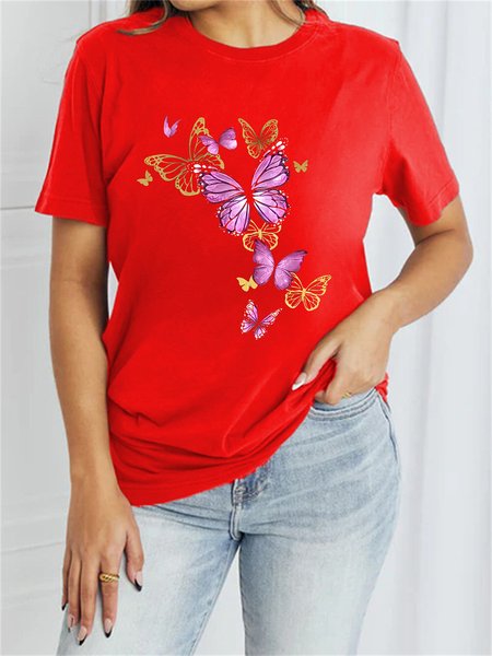 

Women's Short Sleeve Tee T-shirt Summer Butterfly Cotton-Blend Crew Neck Daily Going Out Casual Top, Red, T-Shirts