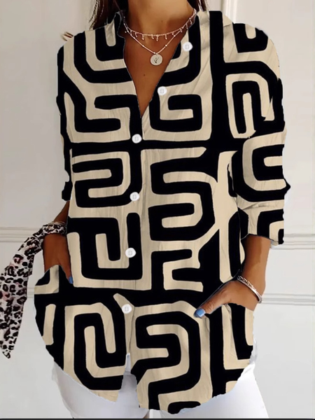 

Shirt Collar Long Sleeve Abstract Regular Loose Shirt For Women, Multicolor, Shirts