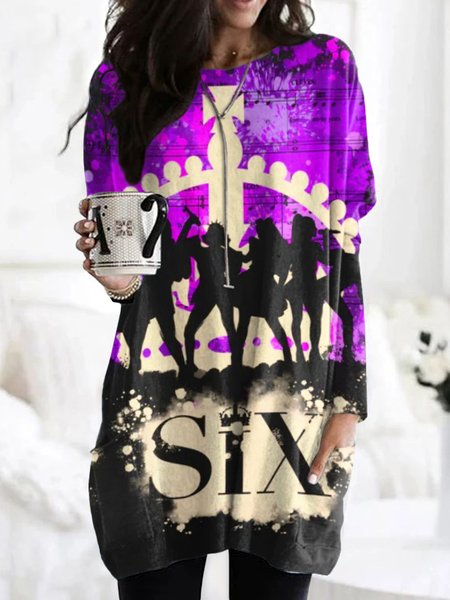 

Vintage Geometric Crew Neck Long Sleeve T-shirt, Purple, T-shirts