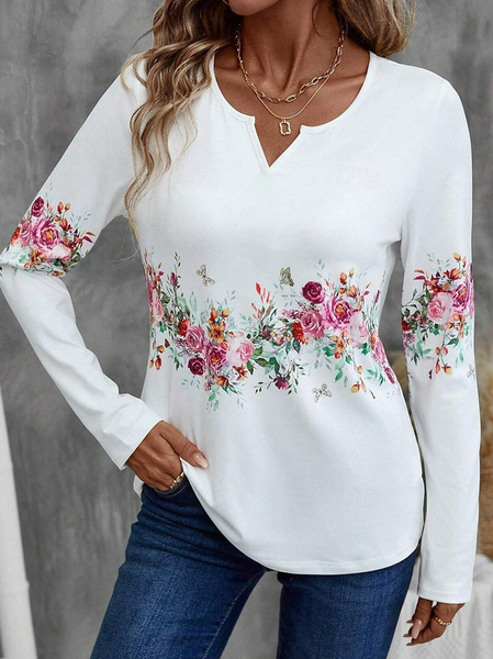 Casual Long Sleeve V Neck T-Shirt, White, Blouses & Shirts