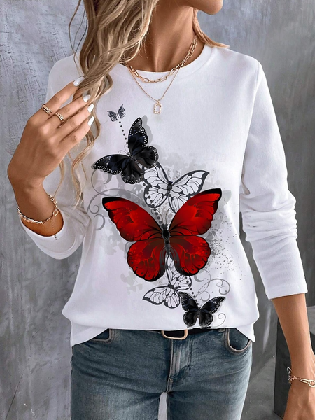 

Casual Long Sleeve Round Neck T-Shirt, White, Long sleeves
