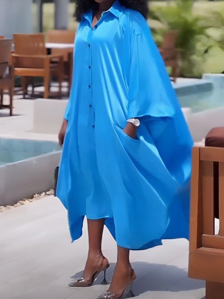 

Urban Plain Loose Shirt Collar Maxi Dress, Blue, Maxi Dresses