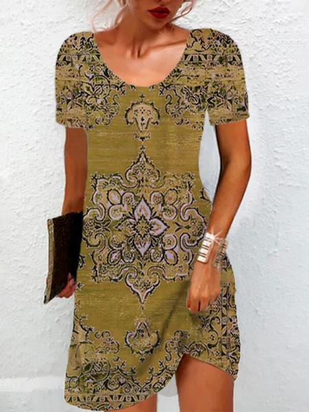 

Women's Short Sleeve Summer Ethnic Jersey Dress Crew Neck Vacation Going Out Casual Mini H-Line TUNIC, Yellow, Dresses