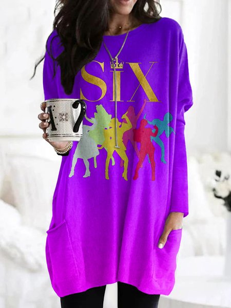 

Vintage Geometric Crew Neck Long Sleeve T-shirt, Purple, T-shirts