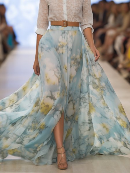 Vacation Printing Floral Maxi Skirt, Blue, Skirts