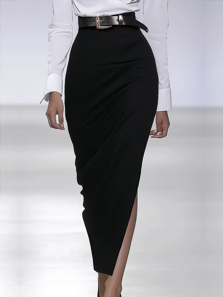 

Elegant Side-Slit Plain Maxi Skirt With No Belt, Black, Skirts