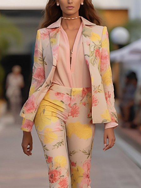 

Urban Floral Lapel Collar Blazer, As picture, Blazers