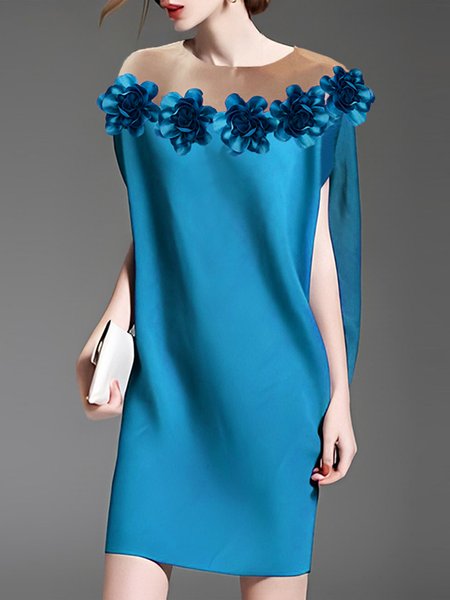Elegant Plain Raglan Sleeve 3D Floral Crew Neck Mini Dress, Blue, Mini Dresses