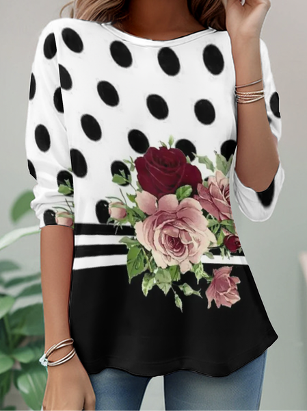 

Polka Dots Print Long Sleeve Crew Neck T-shirt, White, Long sleeves