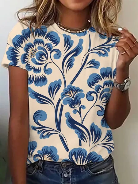 

Women's Short Sleeve Tee T-shirt Summer Floral Jersey Crew Neck Daily Going Out Casual Top, Blue, T-Shirts