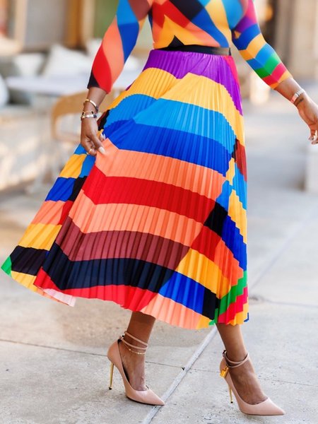 

Urban Pleated Striped Maxi Skirt, As picture, Skirts