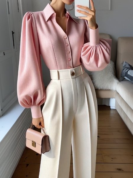 Urban Plain Shirt Collar Balloon Sleeve Shirt, Pink, Blouses and Shirts