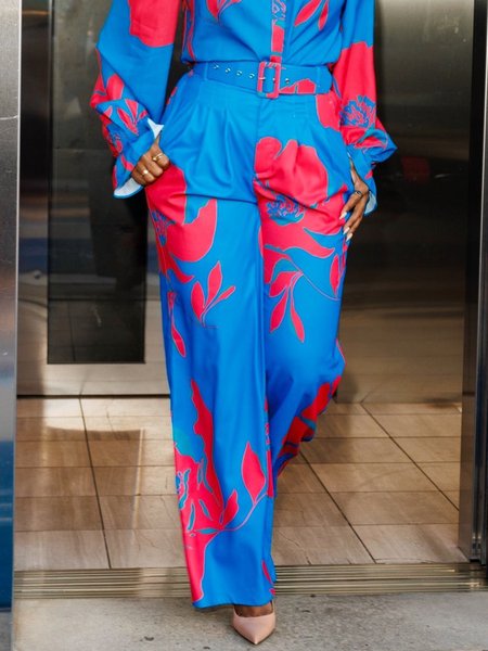 

Urban Floral Straight Pants With Belt, Blue, Pants