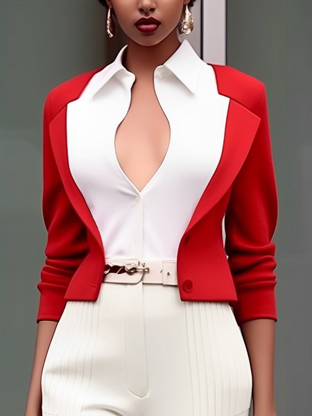 Elegant Color Block Split Joint Shirt Collar Shirt, White-red, Blouses and Shirts