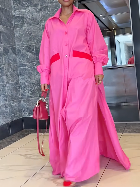 

Casual Color Block Loosen Maxi Shirt Dress, As picture, Maxi Dresses