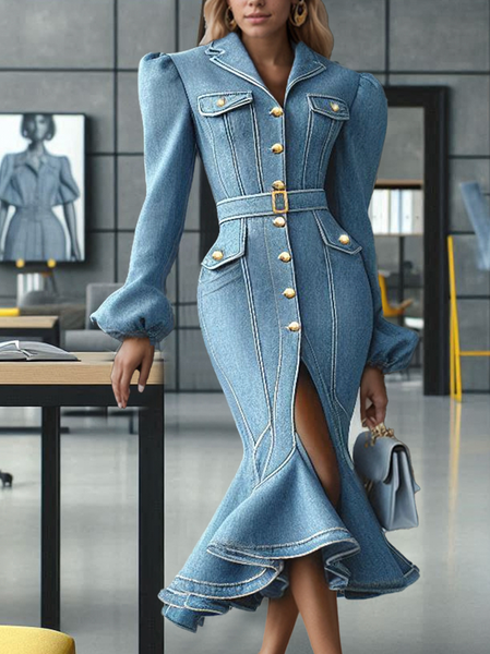 Elegant Plain Buttoned Midi Denim Dress With Belt, Blue, Midi Dresses