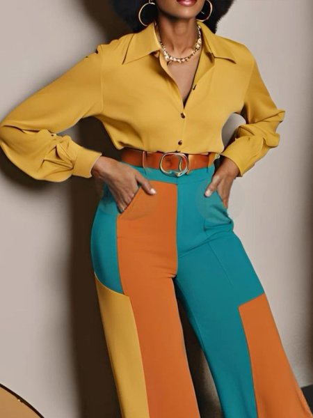 Urban Plain Shirt Collar Shirt, Yellow, Blouses and Shirts
